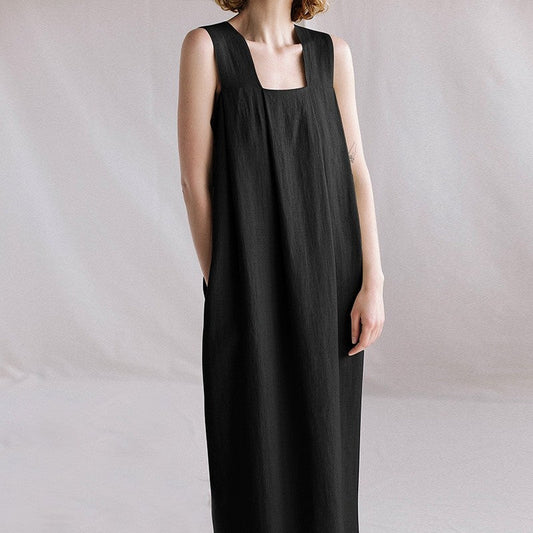 Linen Sleeveless Loose Mandarin-Collar Maxi Dress