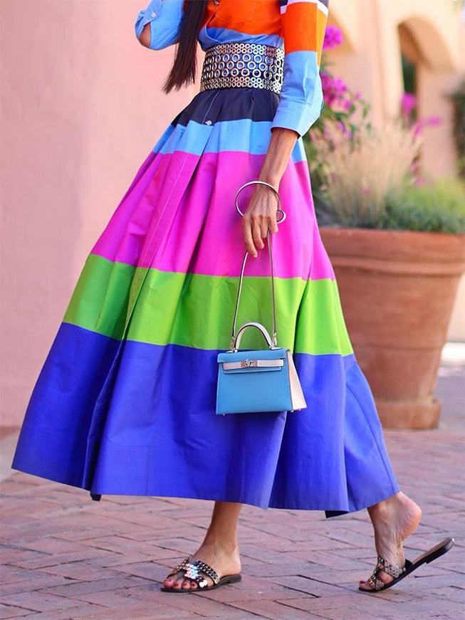 Loose Fit Midi Dress with Three-Quarter Sleeves, Buttoned Contrast Color Striped Lapel Collar
