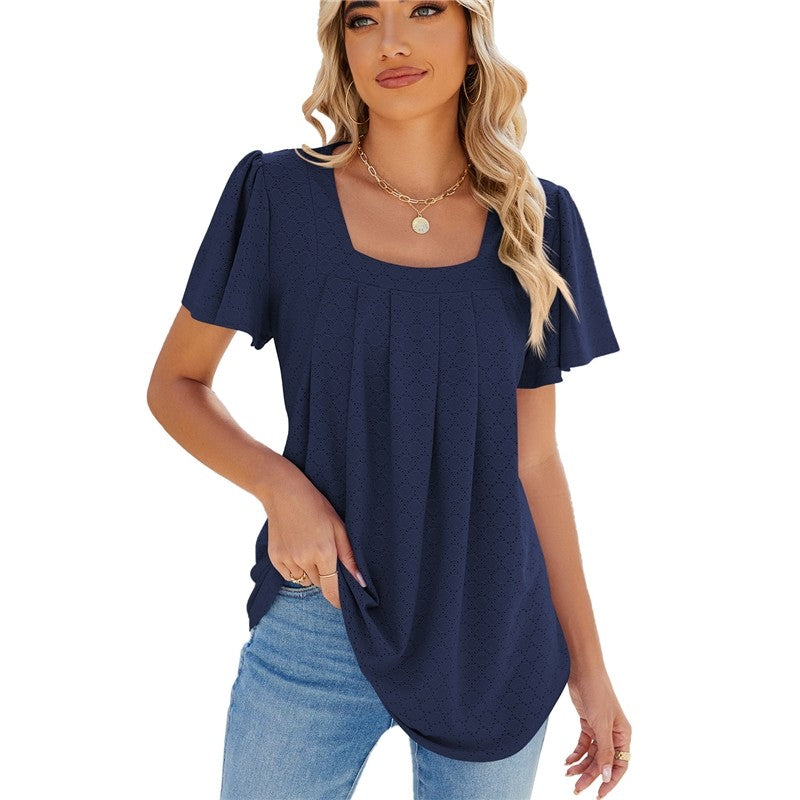 Solid Color V-Neck Pleated Short Sleeve Loose Fit T-Shirt