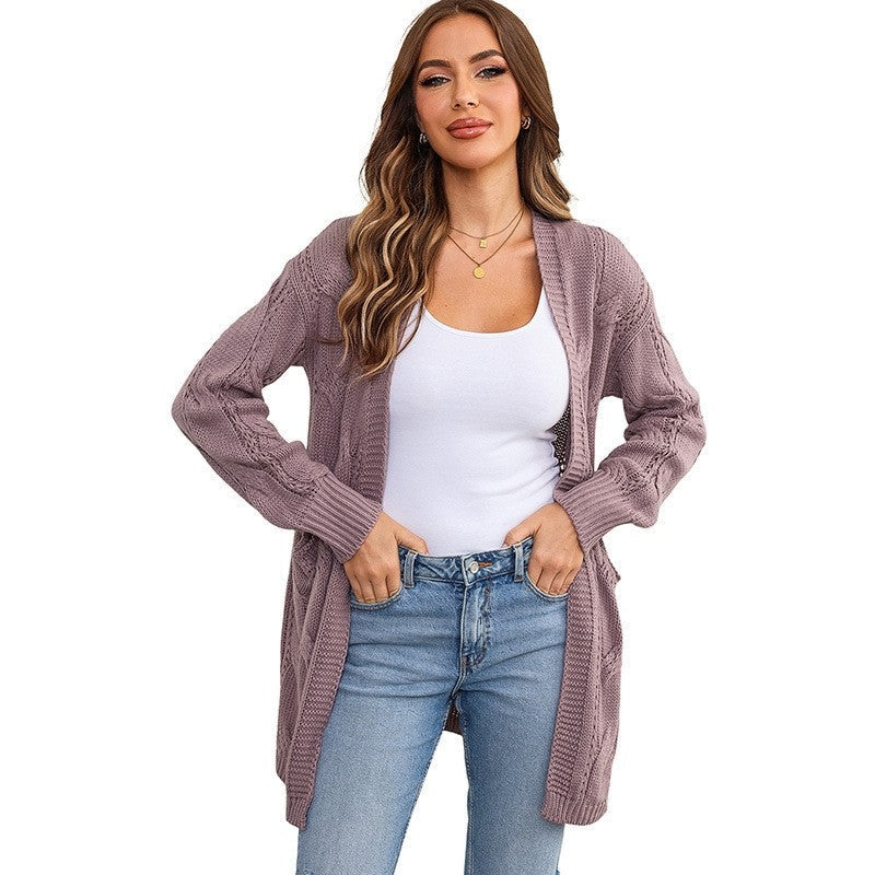 Solid Color Casual Mid-Length Knitted Cardigan Coat