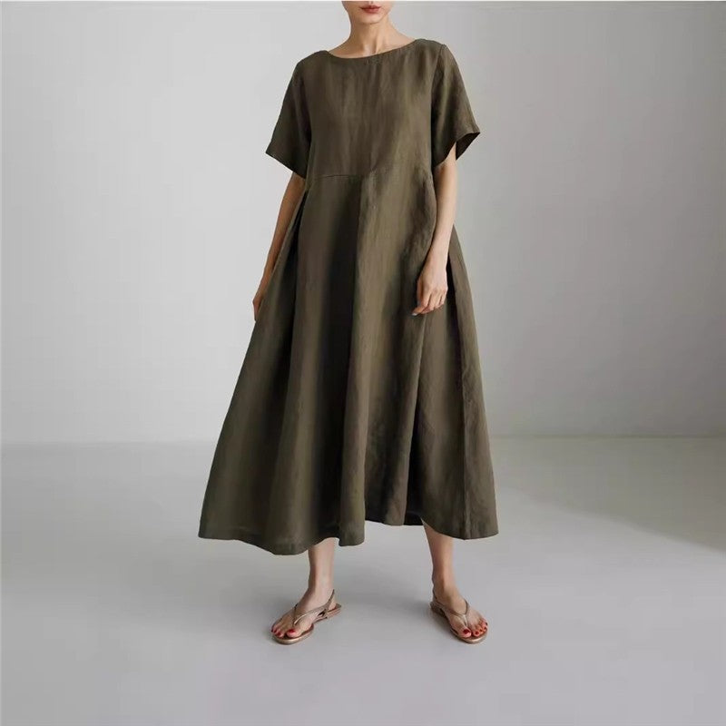 Loose-Fit Solid Color Plus Size Round Neck Long Dress
