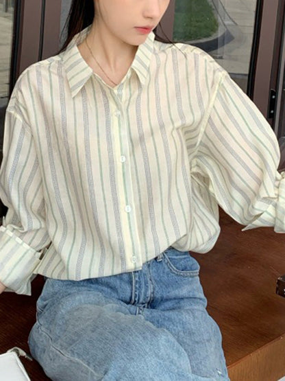 Long Sleeves Loose Buttoned Striped Lapel Blouses&Shirts Tops