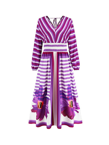 A-Line Long Sleeves Backless Elasticity Flower Print Split-Joint Striped Tied V-Neck Maxi Dresses