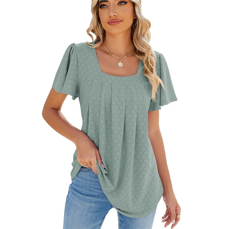 Solid Color V-Neck Pleated Short Sleeve Loose Fit T-Shirt