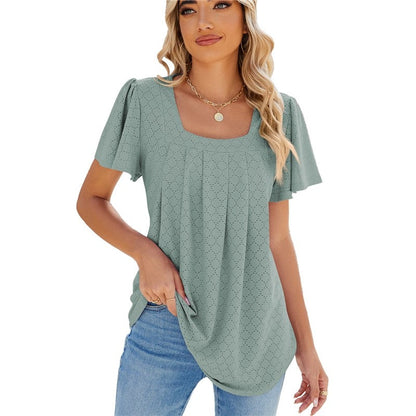 Solid Color V-Neck Pleated Short Sleeve Loose Fit T-Shirt