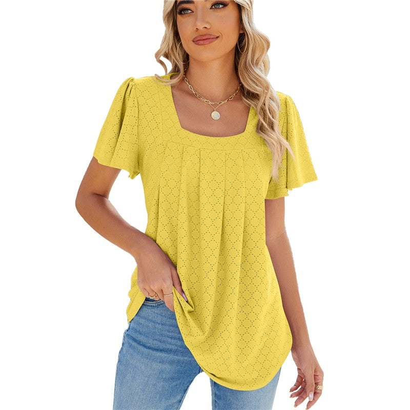 Solid Color V-Neck Pleated Short Sleeve Loose Fit T-Shirt