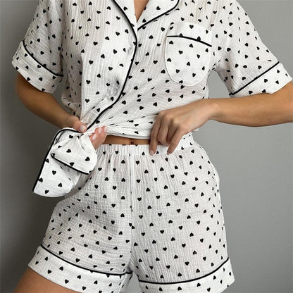Heart Print Short Sleeve Pajama Set for Women - Breathable Fabric