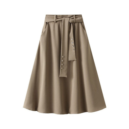 High-Waisted A-Line Skirt with Waist Tie in Solid Color