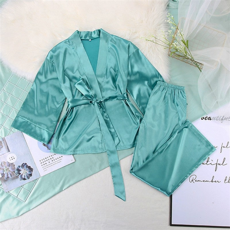 Solid Color Satin Lace-Up Robe and Pants Set