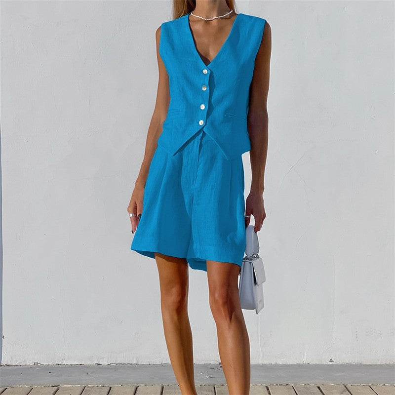 Casual Two-Piece Suit with Sleeveless Single-Breasted Vest and Shorts in Solid Color