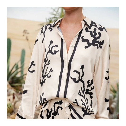 Relaxed Satin Top with Printed and Color-Blocked Design