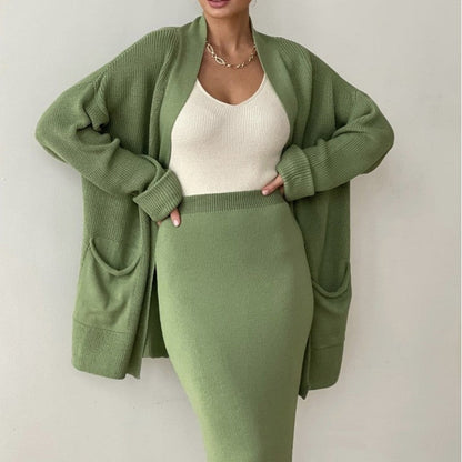 Two-Piece Solid Color Long Sleeve Sweater Cardigan and Skirt Set