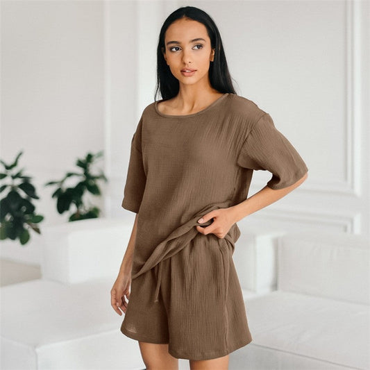 Solid Color Crewneck Short Sleeve T-Shirt and Shorts Set - Loose Fit, Lightweight Loungewear
