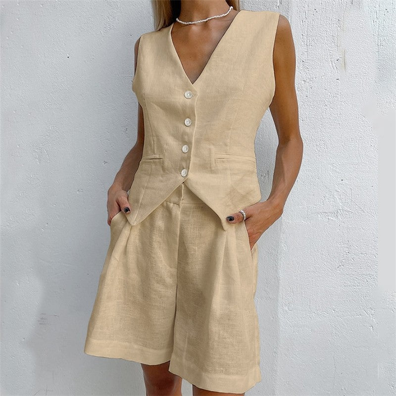 Casual Two-Piece Suit with Sleeveless Single-Breasted Vest and Shorts in Solid Color
