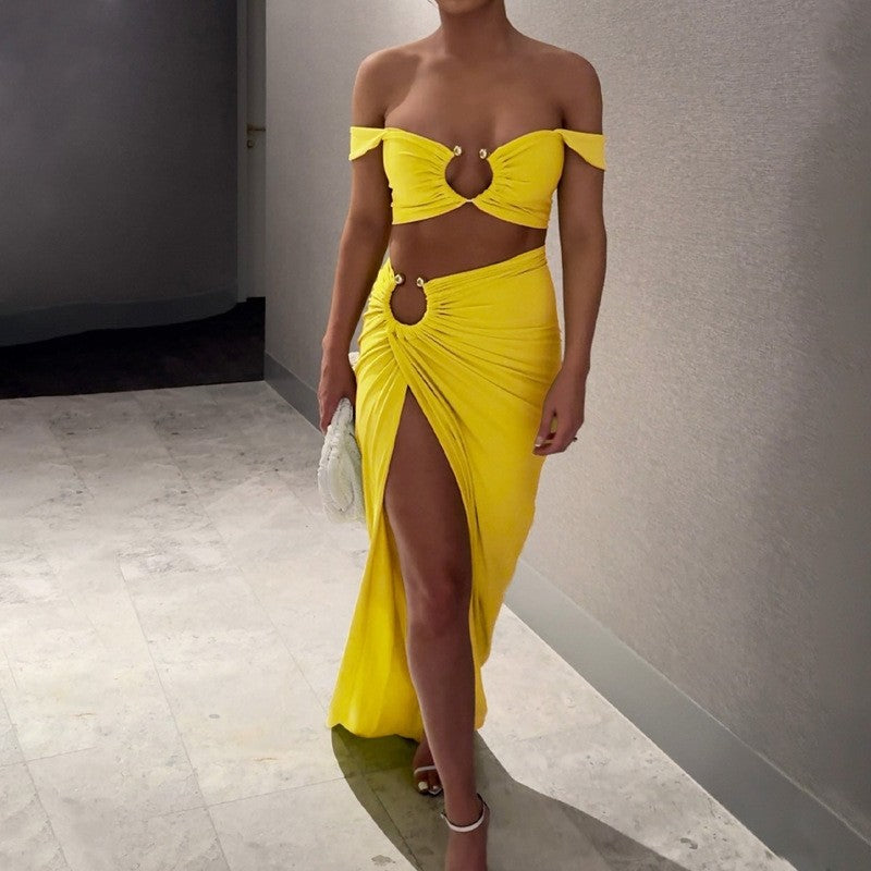 Strapless Ruched Bodycon Dress Set with Side Slit