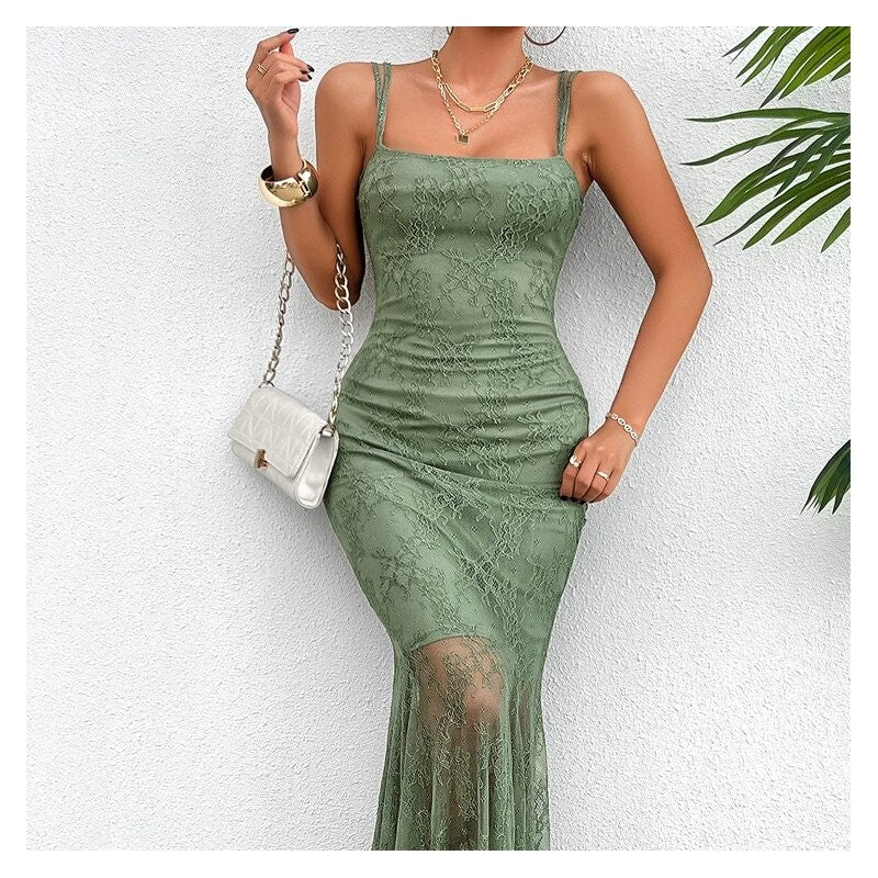 Stylish Lace Sling Dress in Solid Color