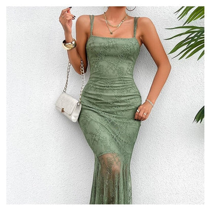 Stylish Lace Sling Dress in Solid Color