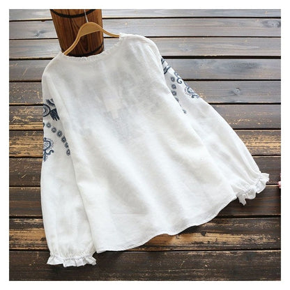 Ethnic-Inspired Loose Fit Pleated Long Sleeve T-Shirt with Embroidery