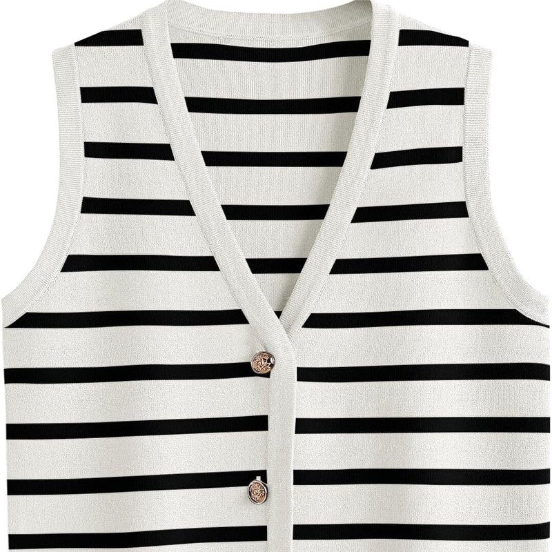 Chic Striped Sleeveless Button-Up Cardigan