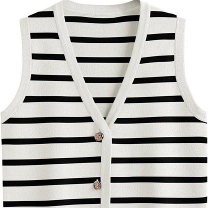 Chic Striped Sleeveless Button-Up Cardigan