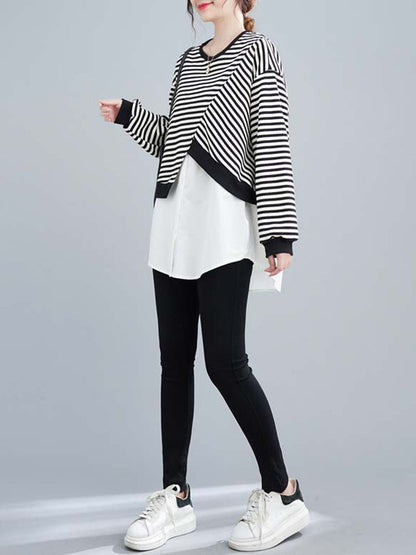 Original Long Sleeves False Two Striped Round-Neck Hoodies&Sweatshirt Tops