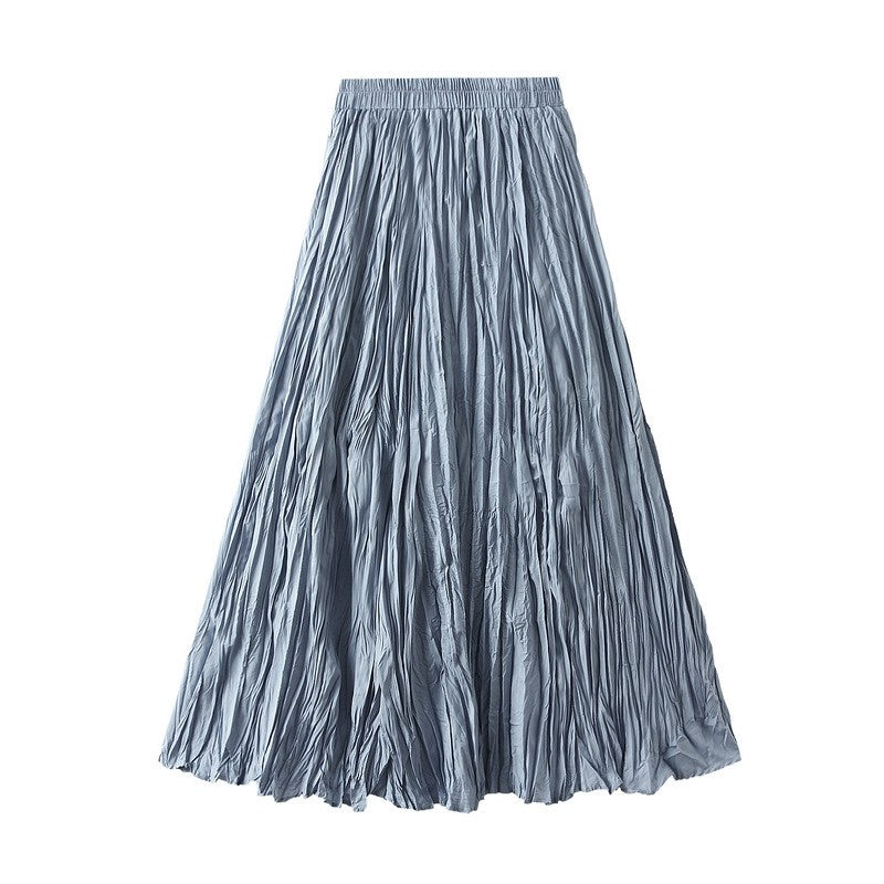 Solid Color High Waist Pleated A-Line Skirt with Flared Hem
