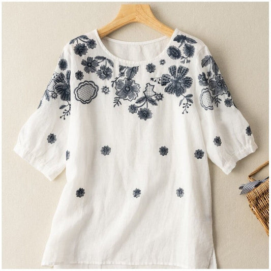 Embroidered Linen-Cotton Relaxed Fit Round Neck T-Shirt