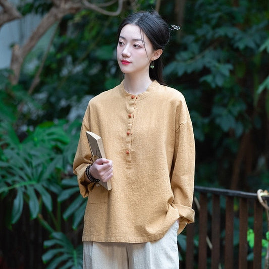 Solid Color Stand Collar Button-Up Long Sleeve Shirt