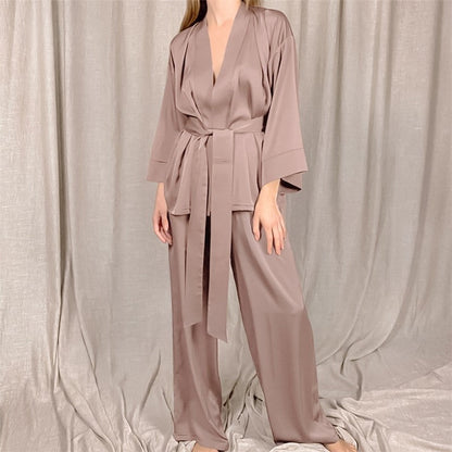 Solid Color Satin Lace-Up Robe and Pants Set