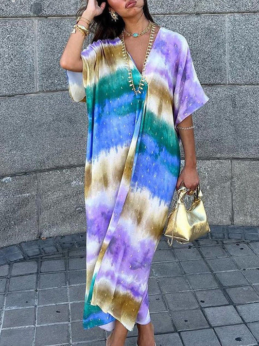 Loose Raglan Sleeve Printed V-neck Maxi Dresses