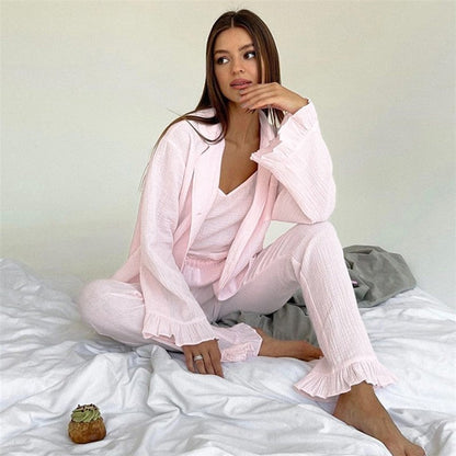 Solid Color Three-Piece Lounge Set: Spaghetti Strap Tank Top, Long Sleeve Lapel Blouse, and Pants