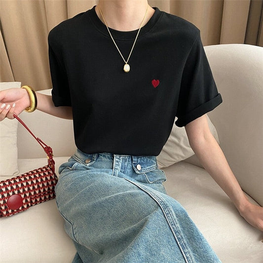 Embroidered Love Heart Casual Short Sleeve T-Shirt