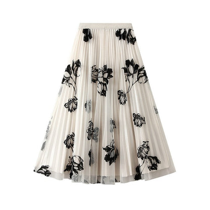 Floral Flock Mesh Patchwork A-Line Skirt