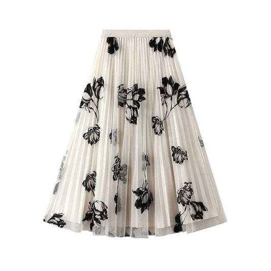 Floral Flock Mesh Patchwork A-Line Skirt