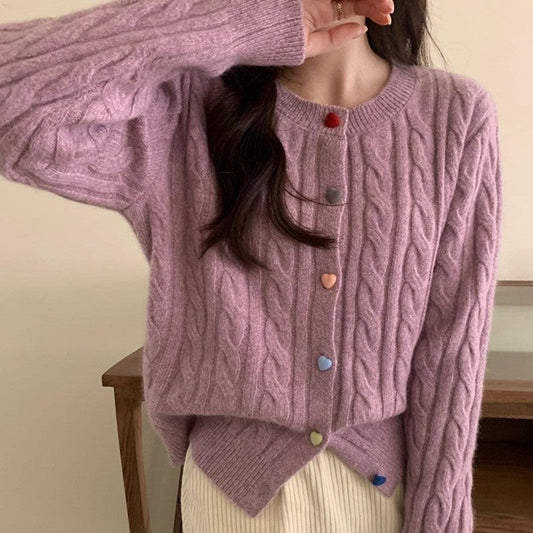 Solid Color Long Sleeve Heart Shaped Buttons Twists Cardigan Sweater