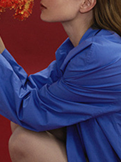 Long Sleeves Loose Solid Color Split-Joint Streamer High Neck Blouses