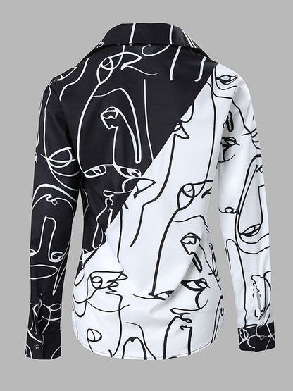 Long Sleeves Loose Buttoned Contrast Color Figure Lapel Blouses&Shirts Tops