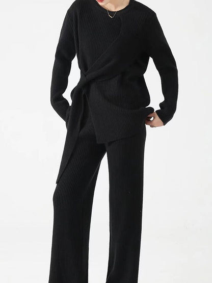 Loose Asymmetric Solid Color Split-Front Round-Neck Long Sleeves Sweater Top   Pants Bottom Two Pieces Set