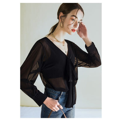 Solid Color V-Neck Bandage Long Sleeve Sheer T-Shirt