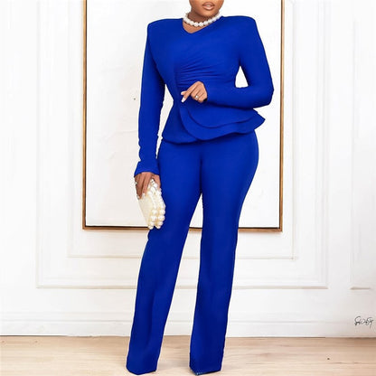 Solid Color Ruffle V-Neck Two-Piece Set