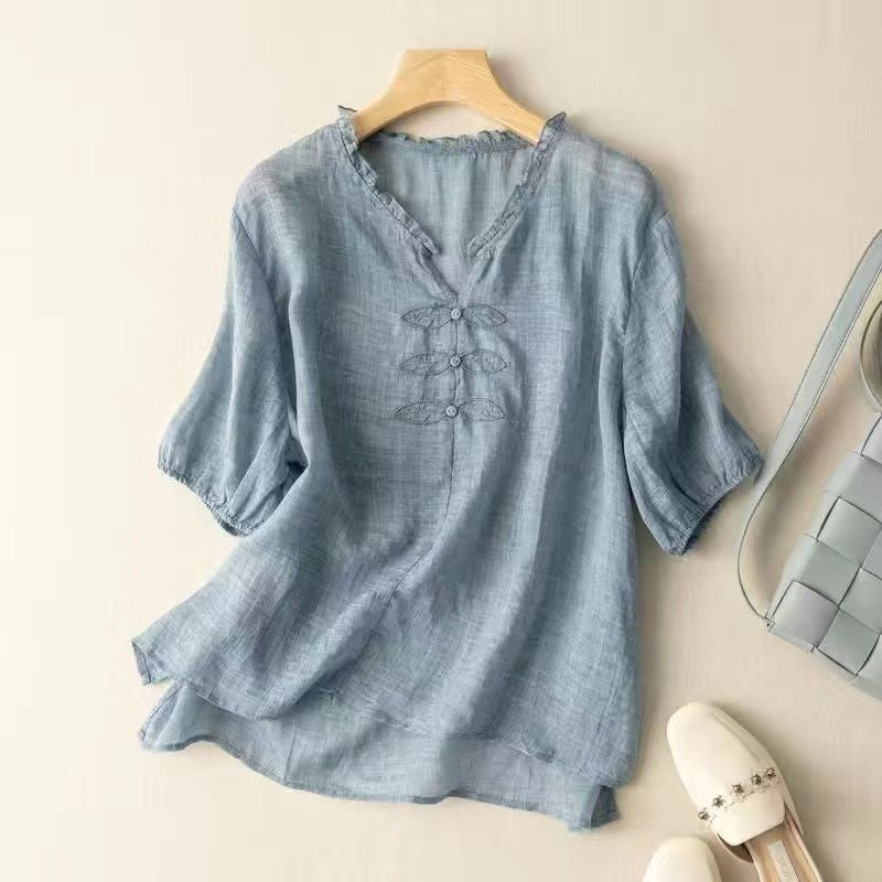 Embroidered Loose Fit V-Neck Short Sleeve T-Shirt
