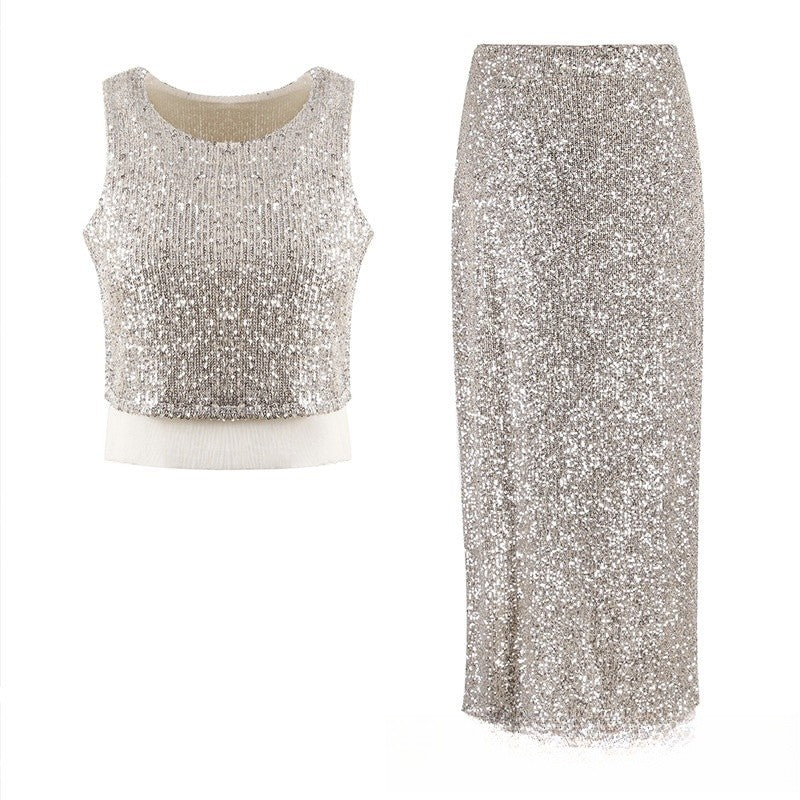 Sequin Embellished Vest and Maxi Skirt Ensemble