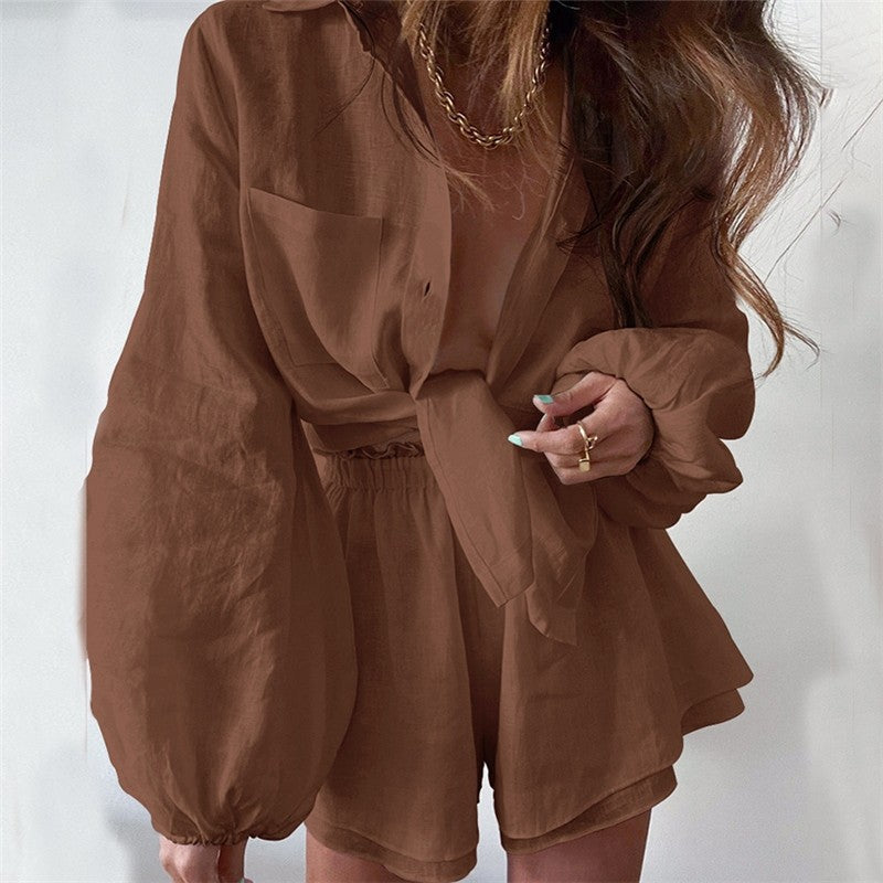 Solid Color Long Sleeve Lapel Single Breasted Blouse and Shorts Set