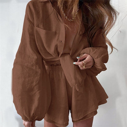 Solid Color Long Sleeve Lapel Single Breasted Blouse and Shorts Set