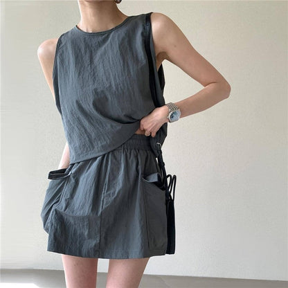Solid Color Sleeveless Vest and Shorts Set
