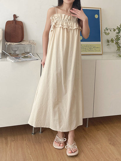 Loose Sleeveless Elasticity Pleated Ruffled Solid Color Spaghetti-Neck Midi Dresses Pajama Dress