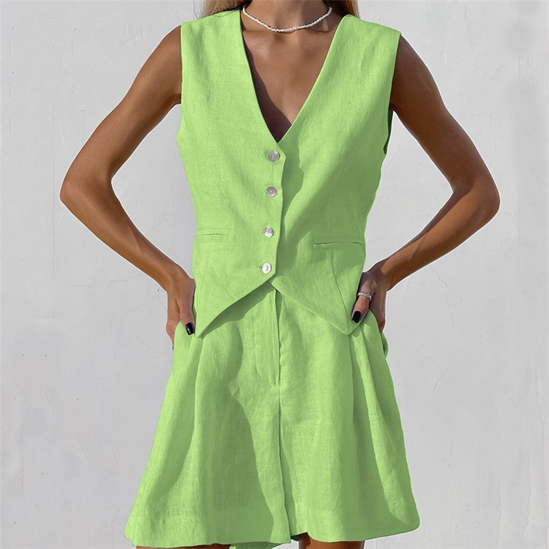Casual Two-Piece Suit with Sleeveless Single-Breasted Vest and Shorts in Solid Color