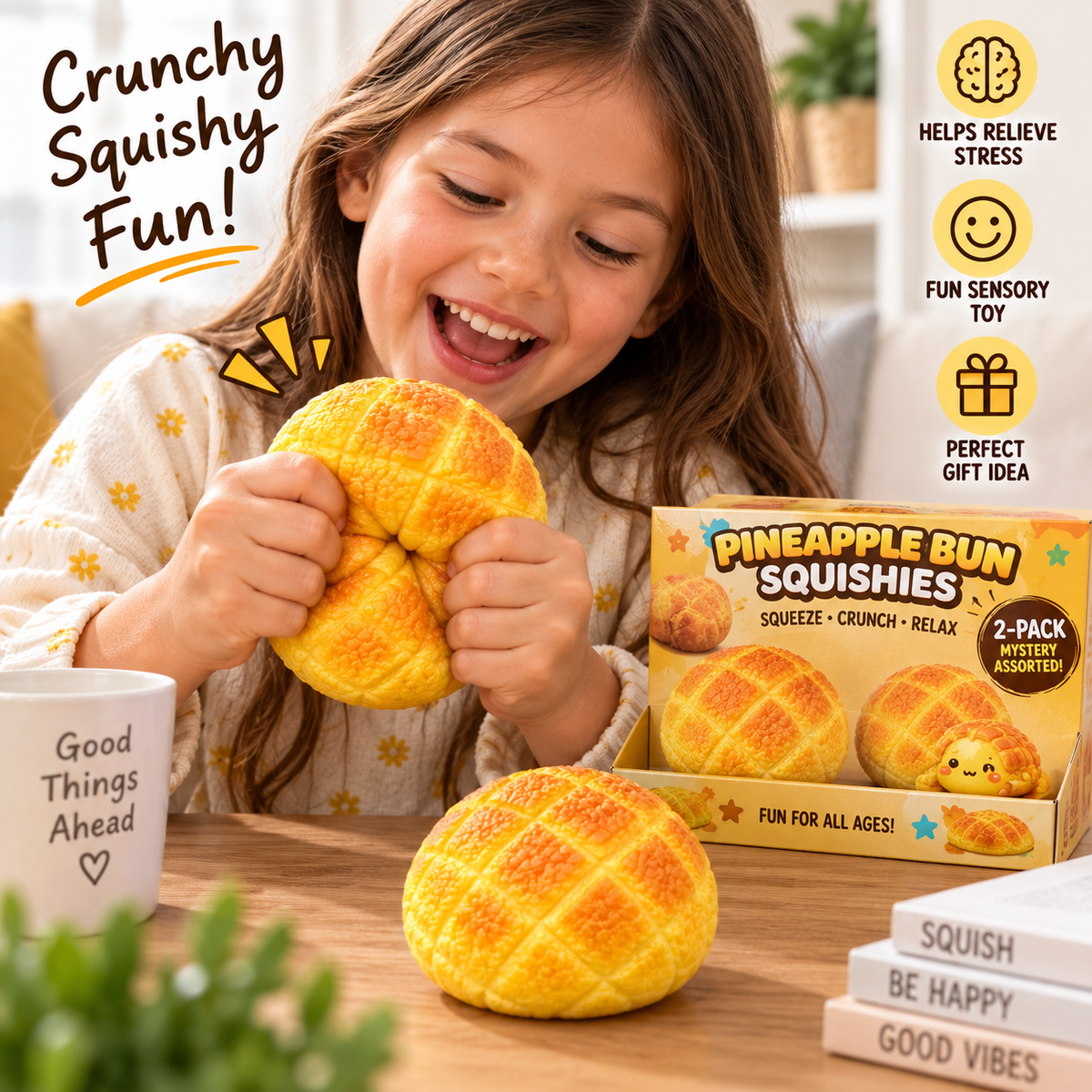 Crunchy Squishies Pineapple Bun Squeeze Toy 2-Pack – Crispy Crunch Sound Stress Balls | ASMR Sensory Fidget Toys for Adults & Kids | Realistic Bolo Bao Bread Squishies