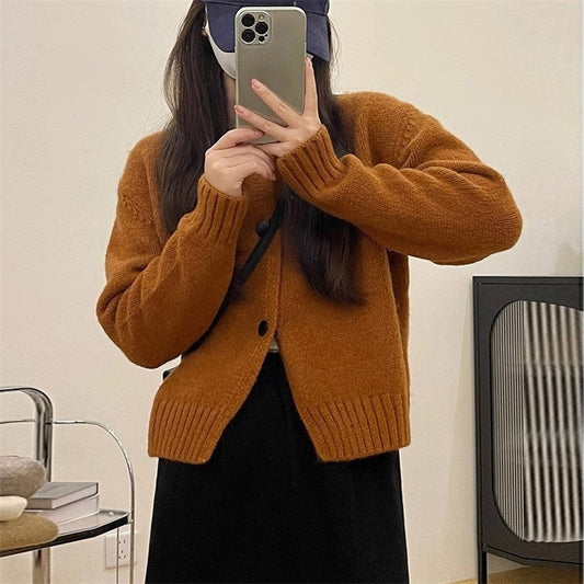 Solid Color Long Sleeve Crewneck Single Breasted Casual Loose Knitted Cardigan