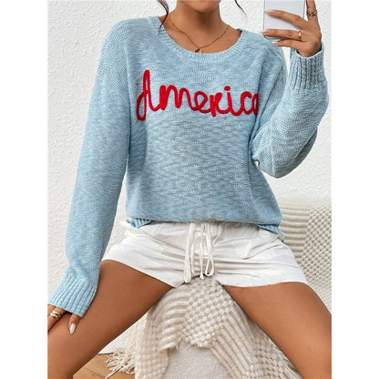 Long Sleeve Crewneck AMERICA Letters Casual Loose Knitted Sweater